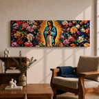 A long panoramic painting of Mary of Guadalupe standing in prayer with hands folded and head bowed, surrounded by radiant golden rays. She wears a blue mantle over a rose colored gown while vibrant roses and colorful flowers fill the background, creating a devotional Catholic Marian image across a wide horizontal composition.