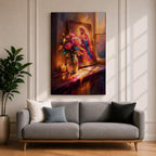 Virgin Mary altar wall art featuring Madonna portrait in ornate frame with flowers and candlelight, framed canvas Christian religious decor, warm glowing scene with floral arrangement and sacred icon, devotional home altar artwork