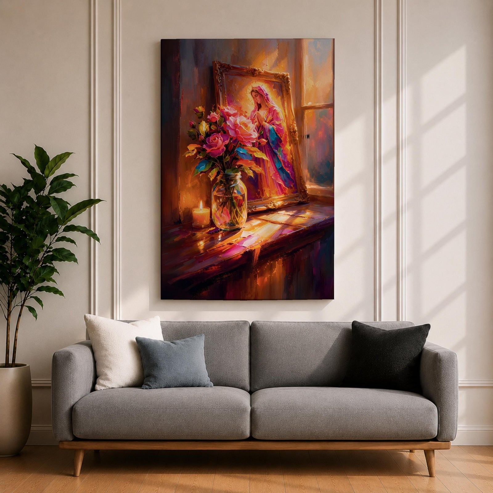 Virgin Mary altar wall art featuring Madonna portrait in ornate frame with flowers and candlelight, framed canvas Christian religious decor, warm glowing scene with floral arrangement and sacred icon, devotional home altar artwork