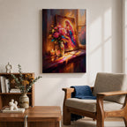 Virgin Mary altar wall art featuring Madonna portrait in ornate frame with flowers and candlelight, framed canvas Christian religious decor, warm glowing scene with floral arrangement and sacred icon, devotional home altar artwork