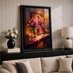 Virgin Mary altar wall art featuring Madonna portrait in ornate frame with flowers and candlelight, framed canvas Christian religious decor, warm glowing scene with floral arrangement and sacred icon, devotional home altar artwork