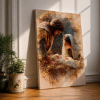 A watercolor style painting depicting the Nativity Scene showing Joseph and Mary gazing lovingly at baby Jesus lying in a manger, surrounded by soft earthy tones and delicate brushwork that highlights the tender moment of the birth of Jesus.