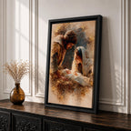 A watercolor style painting depicting the Nativity Scene showing Joseph and Mary gazing lovingly at baby Jesus lying in a manger, surrounded by soft earthy tones and delicate brushwork that highlights the tender moment of the birth of Jesus.
