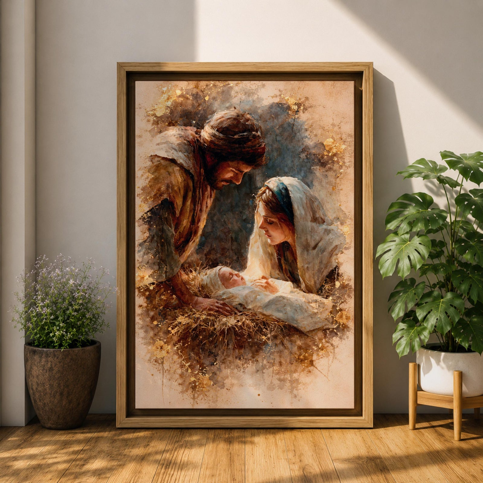 A watercolor style painting depicting the Nativity Scene showing Joseph and Mary gazing lovingly at baby Jesus lying in a manger, surrounded by soft earthy tones and delicate brushwork that highlights the tender moment of the birth of Jesus.