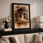 A watercolor style painting depicting the Nativity Scene showing Joseph and Mary gazing lovingly at baby Jesus lying in a manger, surrounded by soft earthy tones and delicate brushwork that highlights the tender moment of the birth of Jesus.