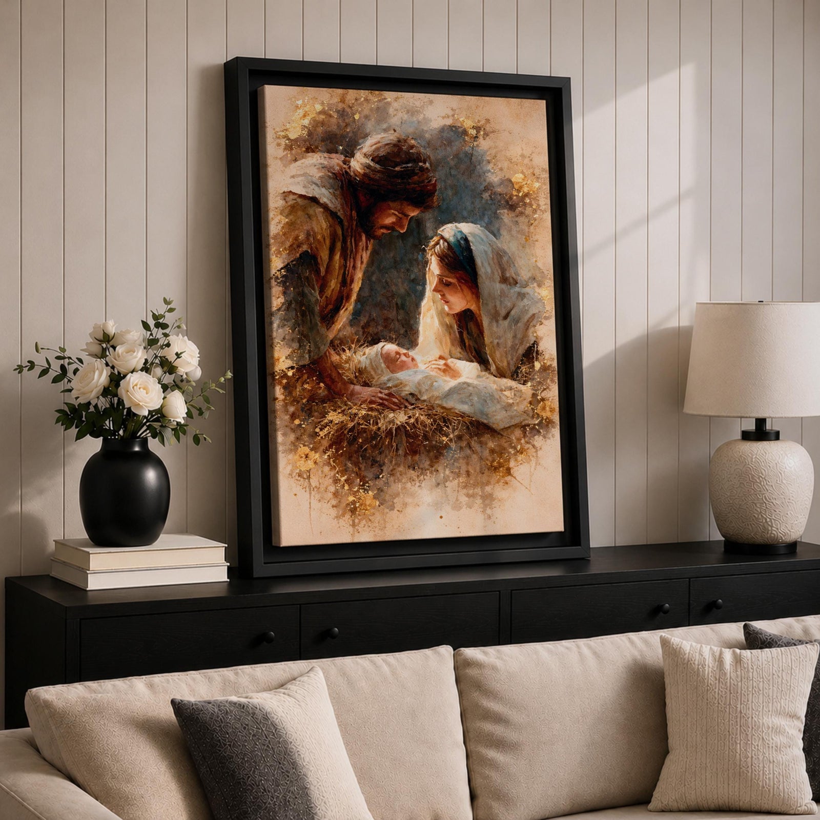 A watercolor style painting depicting the Nativity Scene showing Joseph and Mary gazing lovingly at baby Jesus lying in a manger, surrounded by soft earthy tones and delicate brushwork that highlights the tender moment of the birth of Jesus.