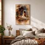 A watercolor style painting depicting the Nativity Scene showing Joseph and Mary gazing lovingly at baby Jesus lying in a manger, surrounded by soft earthy tones and delicate brushwork that highlights the tender moment of the birth of Jesus.