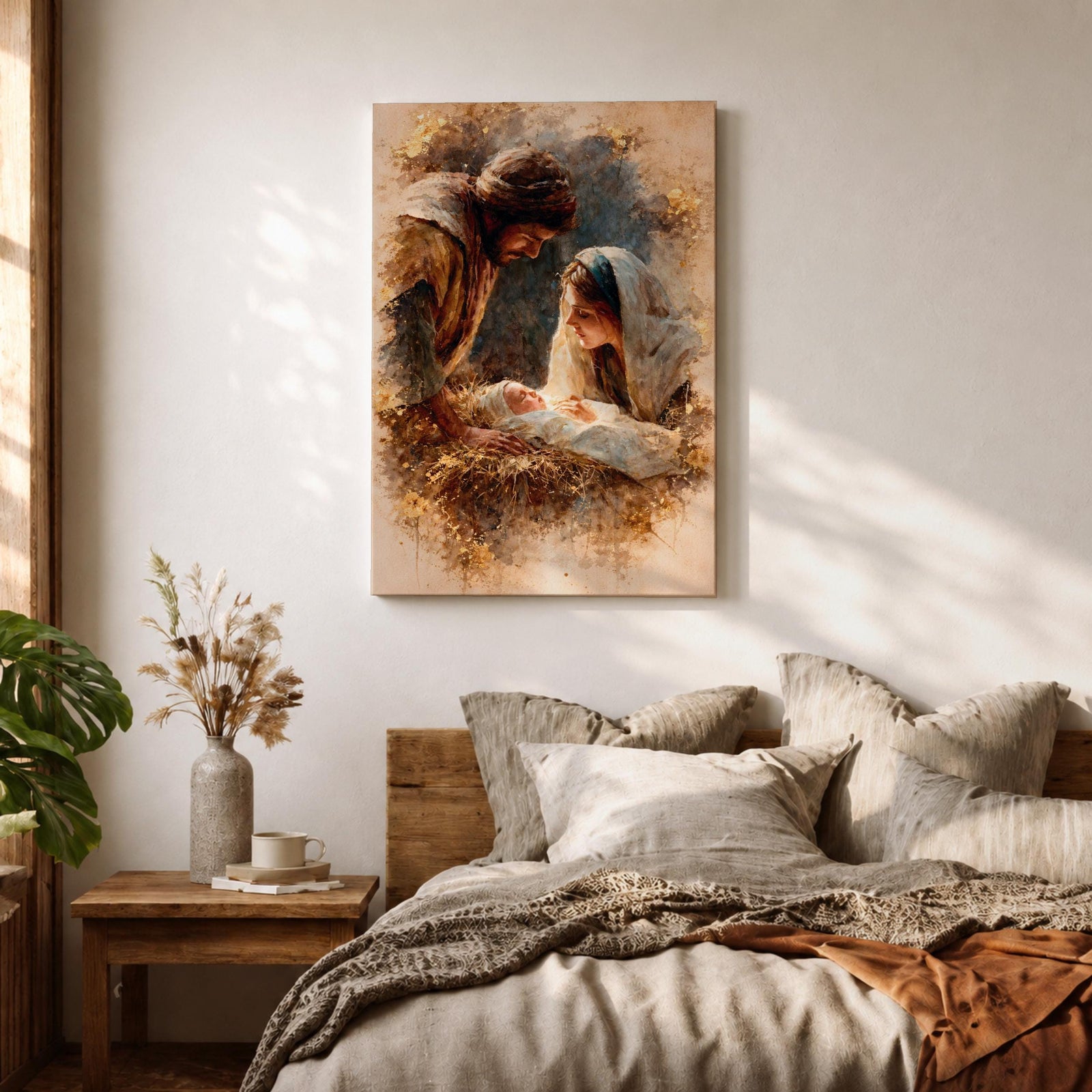 A watercolor style painting depicting the Nativity Scene showing Joseph and Mary gazing lovingly at baby Jesus lying in a manger, surrounded by soft earthy tones and delicate brushwork that highlights the tender moment of the birth of Jesus.