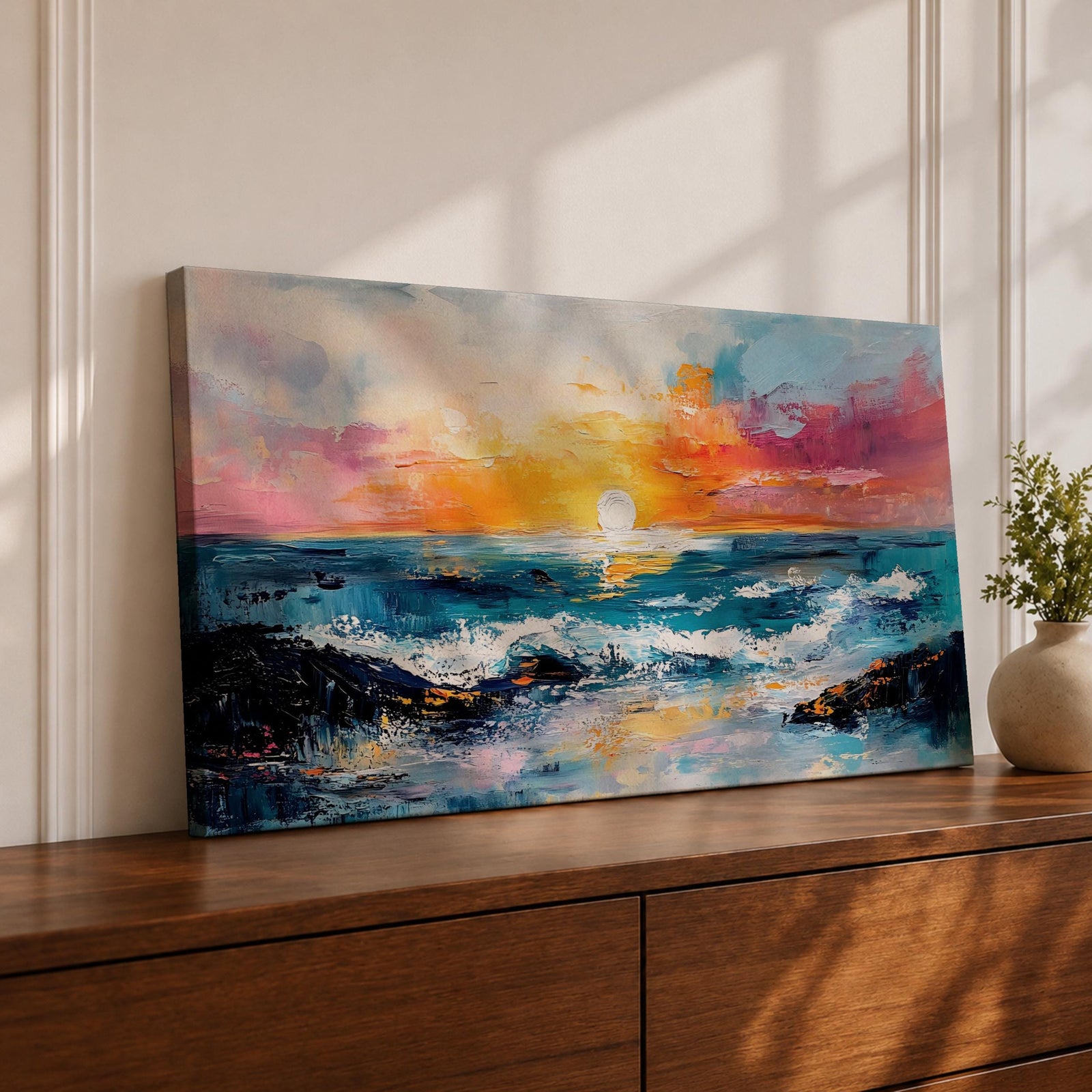 A panoramic seascape painting of an ocean sunset with glowing light reflecting across rolling waves, a wide horizon stretching beneath a warm sky, and soft cloud formations rendered in textured brushstrokes that capture motion, depth, and the calm rhythm of a beach landscape