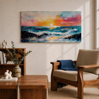 A panoramic seascape painting of an ocean sunset with glowing light reflecting across rolling waves, a wide horizon stretching beneath a warm sky, and soft cloud formations rendered in textured brushstrokes that capture motion, depth, and the calm rhythm of a beach landscape