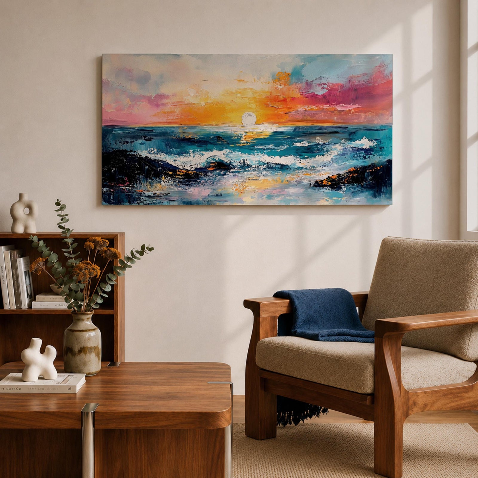A panoramic seascape painting of an ocean sunset with glowing light reflecting across rolling waves, a wide horizon stretching beneath a warm sky, and soft cloud formations rendered in textured brushstrokes that capture motion, depth, and the calm rhythm of a beach landscape