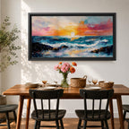 A panoramic seascape painting of an ocean sunset with glowing light reflecting across rolling waves, a wide horizon stretching beneath a warm sky, and soft cloud formations rendered in textured brushstrokes that capture motion, depth, and the calm rhythm of a beach landscape