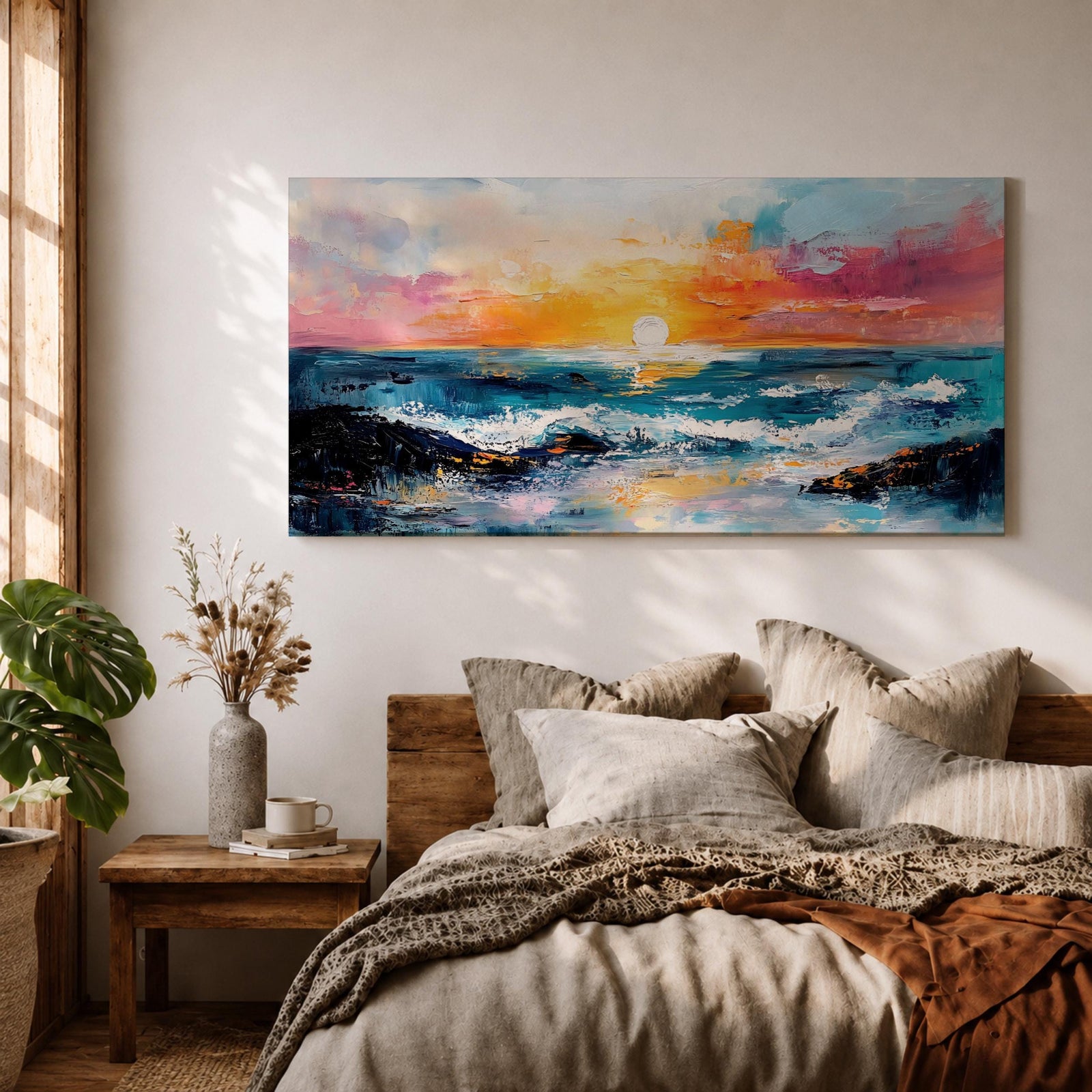 A panoramic seascape painting of an ocean sunset with glowing light reflecting across rolling waves, a wide horizon stretching beneath a warm sky, and soft cloud formations rendered in textured brushstrokes that capture motion, depth, and the calm rhythm of a beach landscape