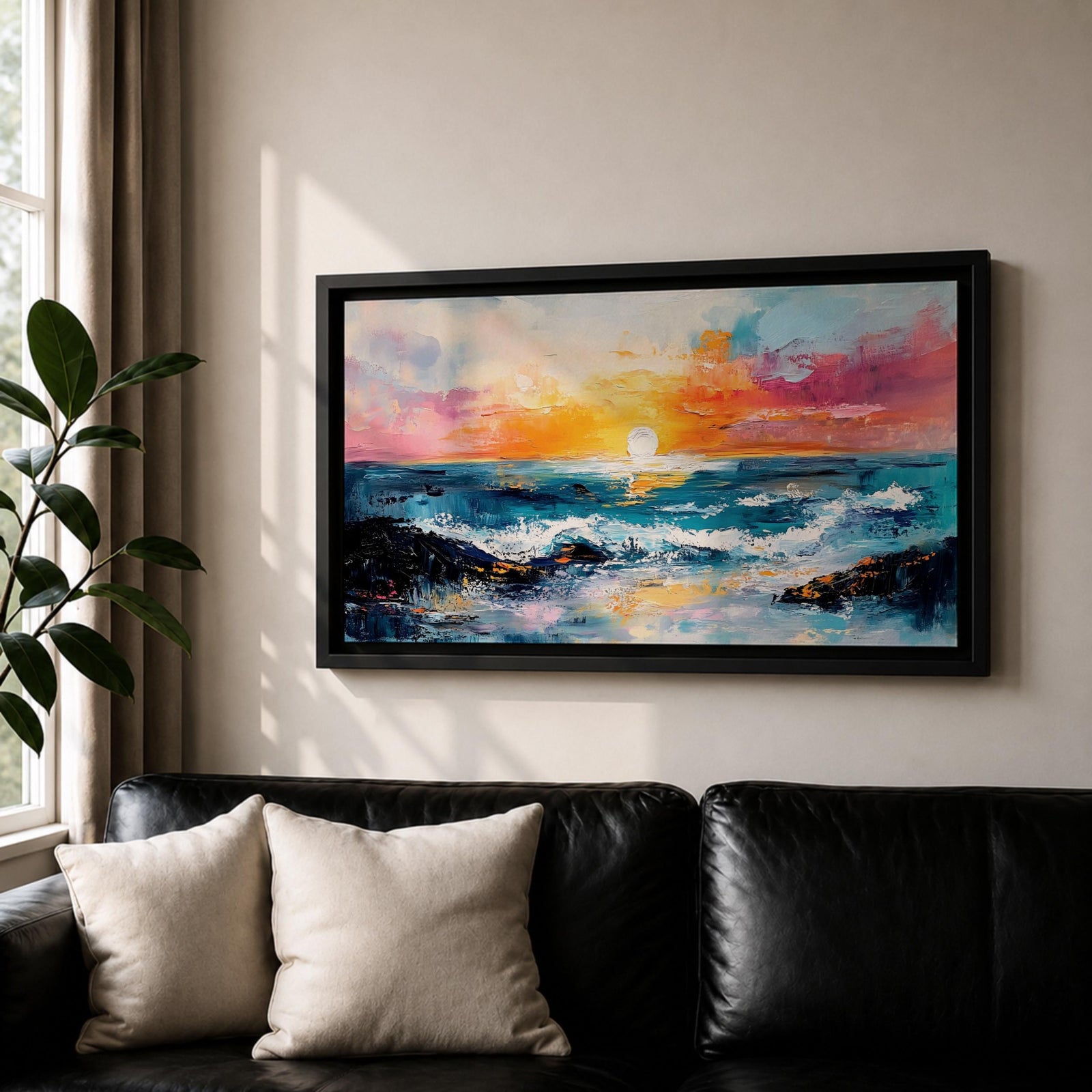 A panoramic seascape painting of an ocean sunset with glowing light reflecting across rolling waves, a wide horizon stretching beneath a warm sky, and soft cloud formations rendered in textured brushstrokes that capture motion, depth, and the calm rhythm of a beach landscape