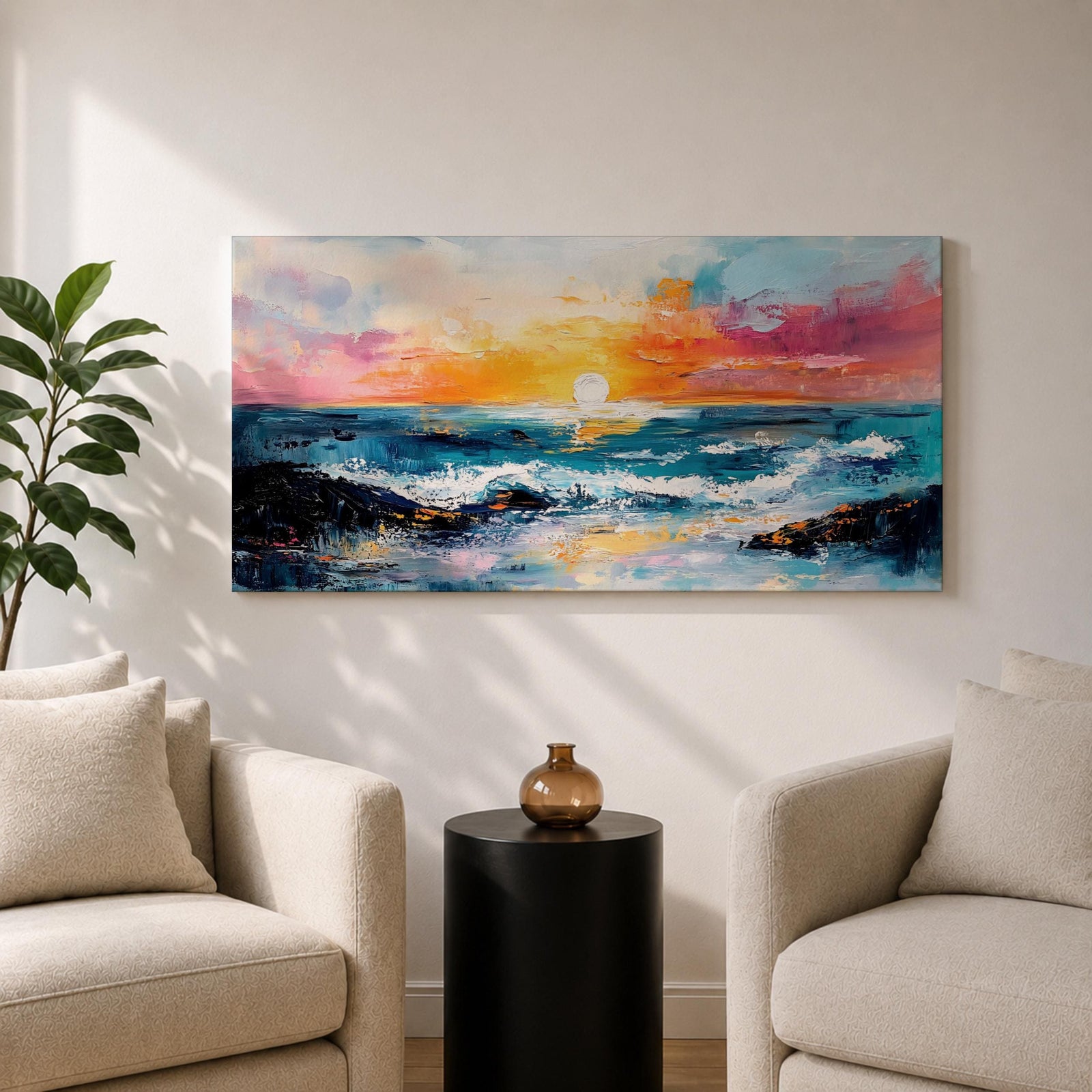 A panoramic seascape painting of an ocean sunset with glowing light reflecting across rolling waves, a wide horizon stretching beneath a warm sky, and soft cloud formations rendered in textured brushstrokes that capture motion, depth, and the calm rhythm of a beach landscape