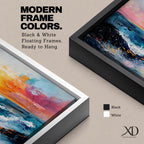A panoramic seascape painting of an ocean sunset with glowing light reflecting across rolling waves, a wide horizon stretching beneath a warm sky, and soft cloud formations rendered in textured brushstrokes that capture motion, depth, and the calm rhythm of a beach landscape