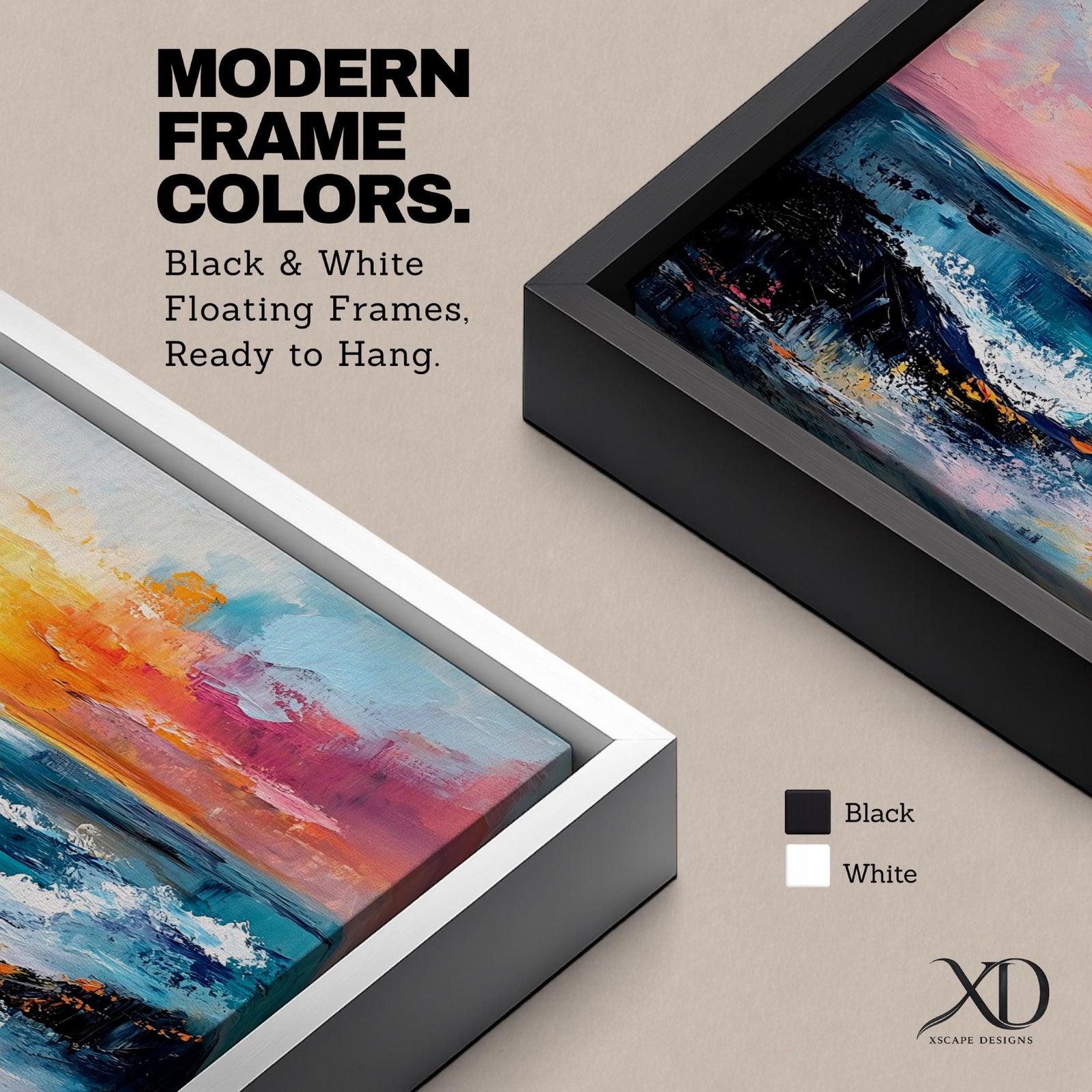 A panoramic seascape painting of an ocean sunset with glowing light reflecting across rolling waves, a wide horizon stretching beneath a warm sky, and soft cloud formations rendered in textured brushstrokes that capture motion, depth, and the calm rhythm of a beach landscape
