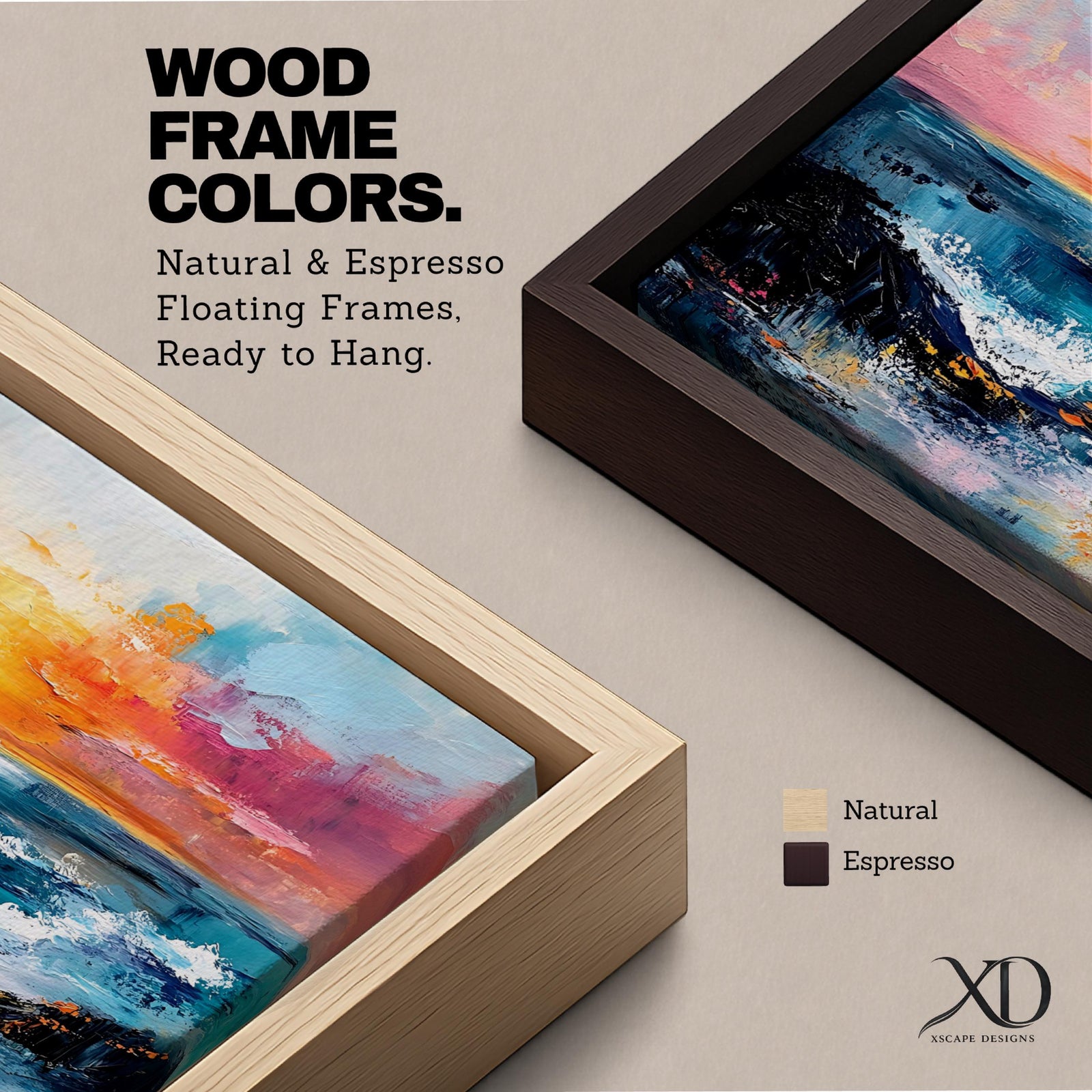 A panoramic seascape painting of an ocean sunset with glowing light reflecting across rolling waves, a wide horizon stretching beneath a warm sky, and soft cloud formations rendered in textured brushstrokes that capture motion, depth, and the calm rhythm of a beach landscape
