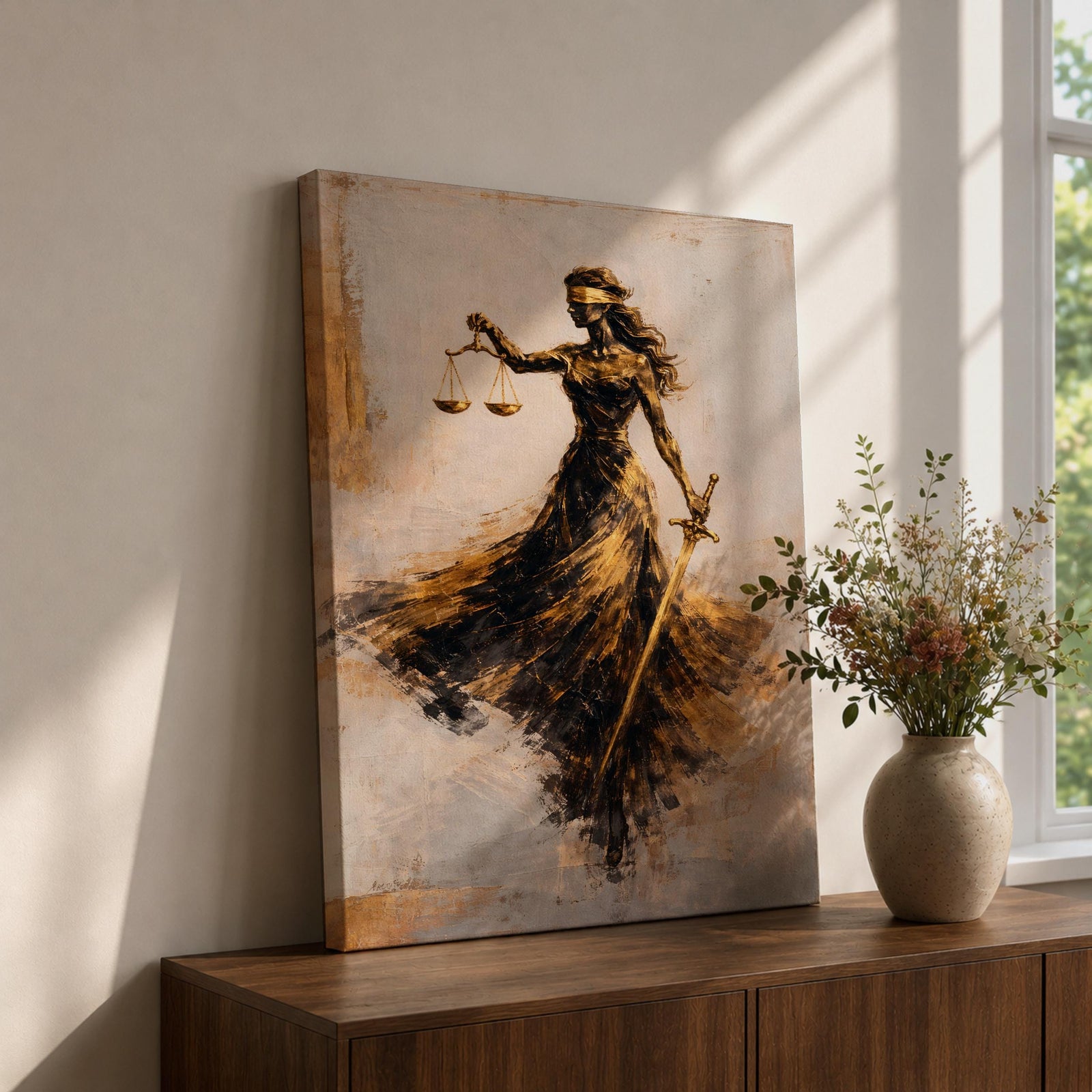 An abstract painting of Lady Justice portrayed as a blindfolded goddess holding balanced scales and a sword, her figure formed with sweeping black and gold brushstrokes that create a sense of motion, flowing across a soft neutral background with layered textures emphasizing contrast, symbolism, and graceful movement.