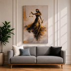 An abstract painting of Lady Justice portrayed as a blindfolded goddess holding balanced scales and a sword, her figure formed with sweeping black and gold brushstrokes that create a sense of motion, flowing across a soft neutral background with layered textures emphasizing contrast, symbolism, and graceful movement.