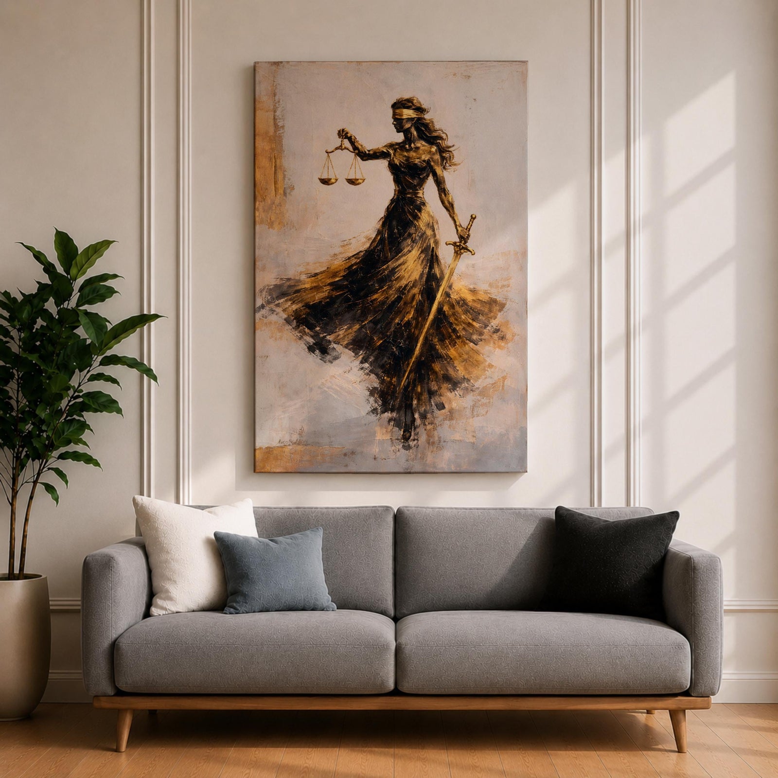 An abstract painting of Lady Justice portrayed as a blindfolded goddess holding balanced scales and a sword, her figure formed with sweeping black and gold brushstrokes that create a sense of motion, flowing across a soft neutral background with layered textures emphasizing contrast, symbolism, and graceful movement.