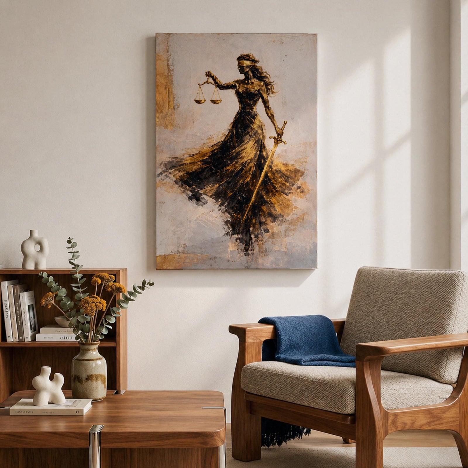 An abstract painting of Lady Justice portrayed as a blindfolded goddess holding balanced scales and a sword, her figure formed with sweeping black and gold brushstrokes that create a sense of motion, flowing across a soft neutral background with layered textures emphasizing contrast, symbolism, and graceful movement.