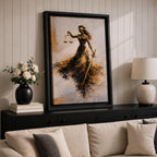 An abstract painting of Lady Justice portrayed as a blindfolded goddess holding balanced scales and a sword, her figure formed with sweeping black and gold brushstrokes that create a sense of motion, flowing across a soft neutral background with layered textures emphasizing contrast, symbolism, and graceful movement.