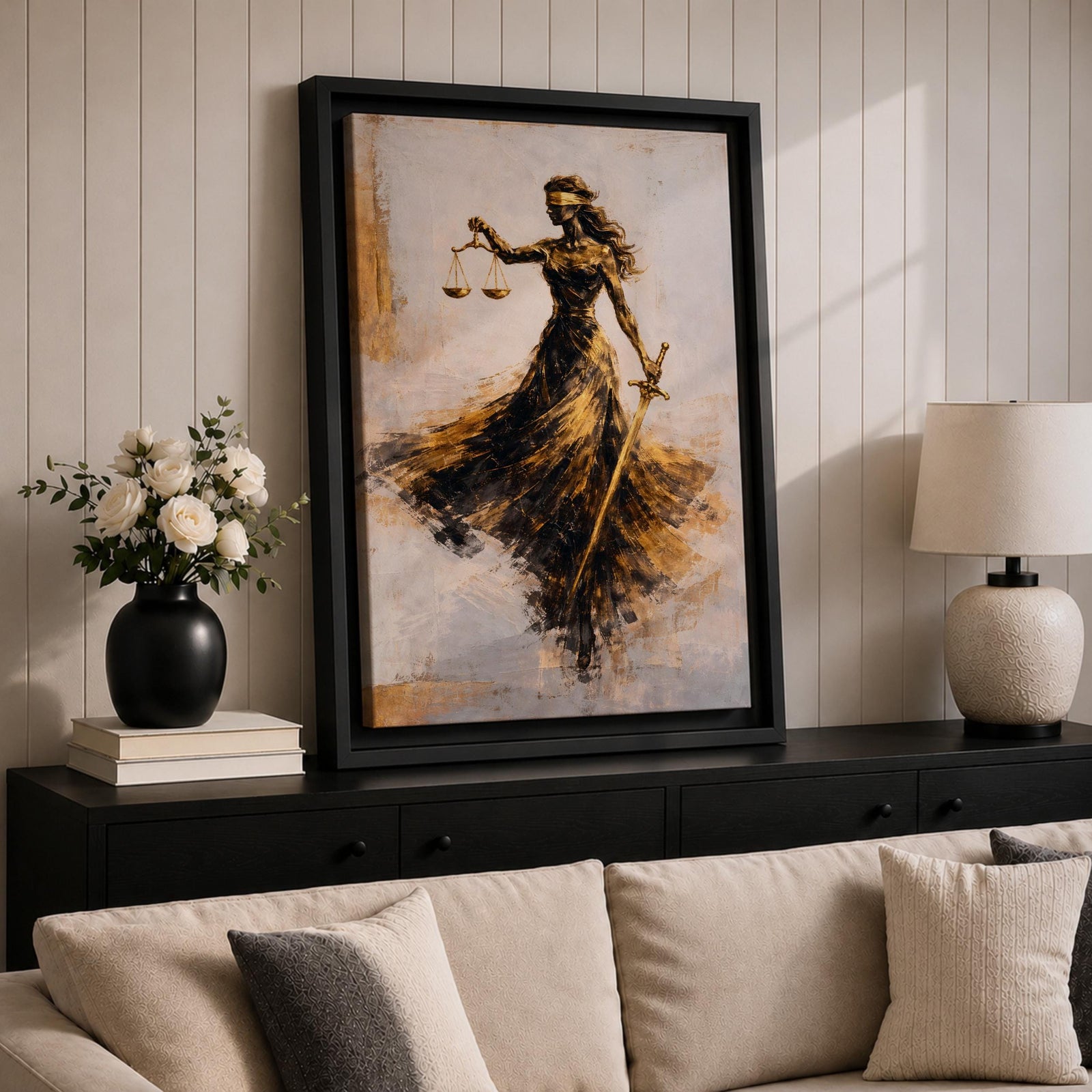 An abstract painting of Lady Justice portrayed as a blindfolded goddess holding balanced scales and a sword, her figure formed with sweeping black and gold brushstrokes that create a sense of motion, flowing across a soft neutral background with layered textures emphasizing contrast, symbolism, and graceful movement.