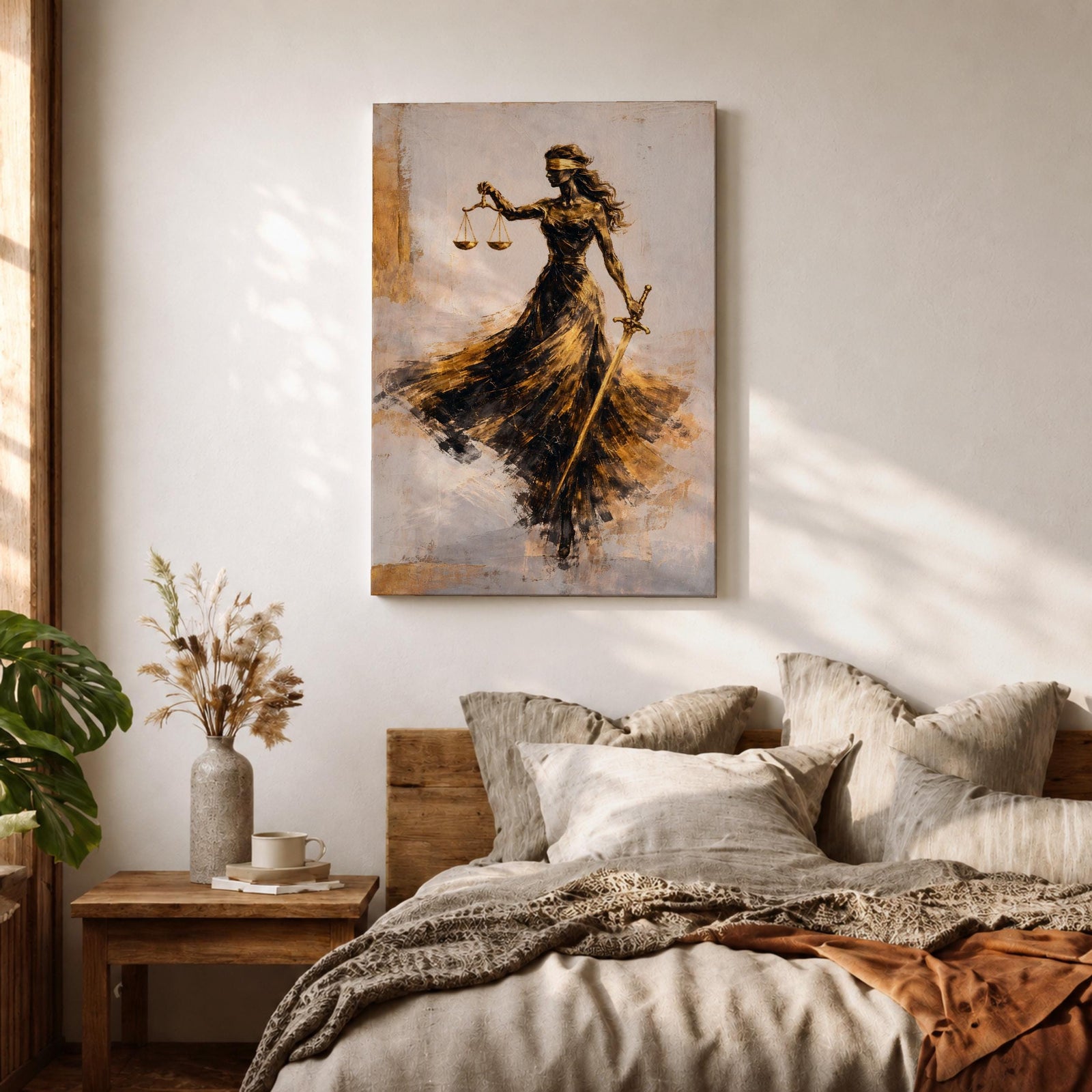 An abstract painting of Lady Justice portrayed as a blindfolded goddess holding balanced scales and a sword, her figure formed with sweeping black and gold brushstrokes that create a sense of motion, flowing across a soft neutral background with layered textures emphasizing contrast, symbolism, and graceful movement.