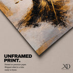 An abstract painting of Lady Justice portrayed as a blindfolded goddess holding balanced scales and a sword, her figure formed with sweeping black and gold brushstrokes that create a sense of motion, flowing across a soft neutral background with layered textures emphasizing contrast, symbolism, and graceful movement.