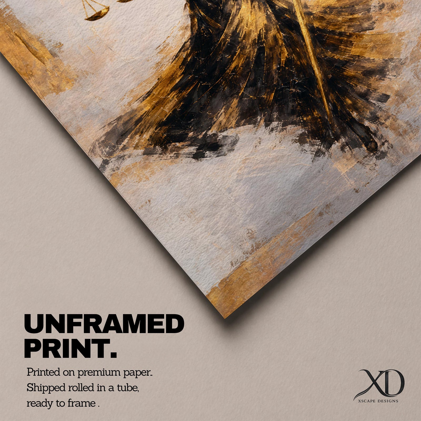 An abstract painting of Lady Justice portrayed as a blindfolded goddess holding balanced scales and a sword, her figure formed with sweeping black and gold brushstrokes that create a sense of motion, flowing across a soft neutral background with layered textures emphasizing contrast, symbolism, and graceful movement.