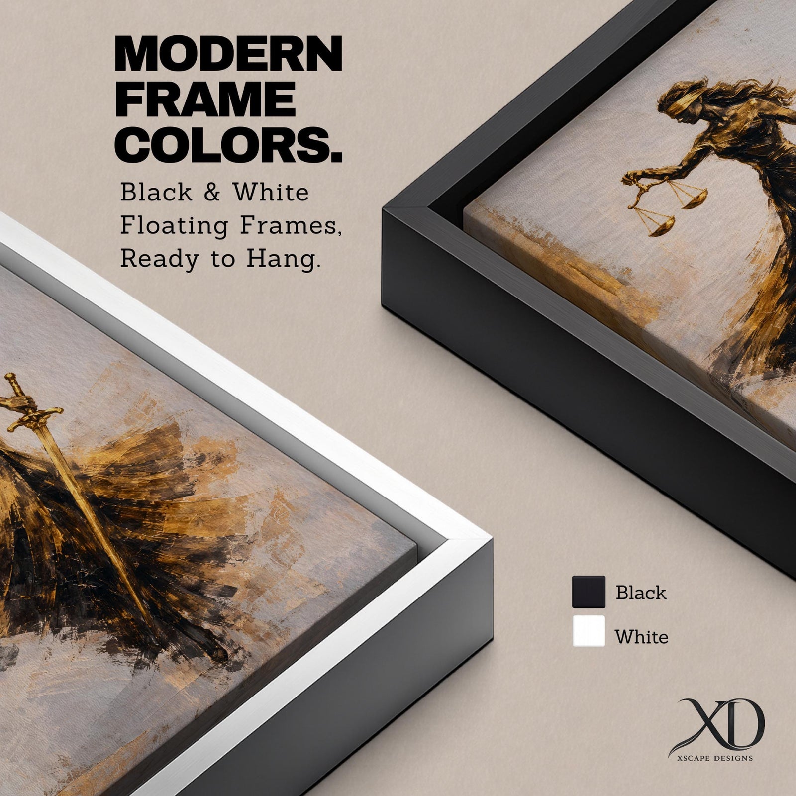 An abstract painting of Lady Justice portrayed as a blindfolded goddess holding balanced scales and a sword, her figure formed with sweeping black and gold brushstrokes that create a sense of motion, flowing across a soft neutral background with layered textures emphasizing contrast, symbolism, and graceful movement.