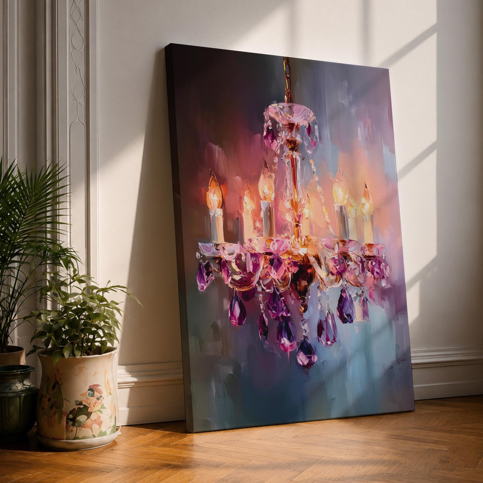 A vibrant impasto painting of a crystal chandelier with glowing candle-style bulbs, rendered in thick textured brushstrokes that emphasize the sparkling purple crystals and warm light against a blurred, abstract background.