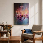 A vibrant impasto painting of a crystal chandelier with glowing candle-style bulbs, rendered in thick textured brushstrokes that emphasize the sparkling purple crystals and warm light against a blurred, abstract background.