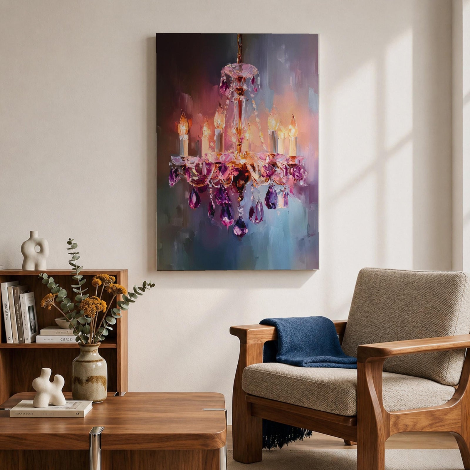 A vibrant impasto painting of a crystal chandelier with glowing candle-style bulbs, rendered in thick textured brushstrokes that emphasize the sparkling purple crystals and warm light against a blurred, abstract background.