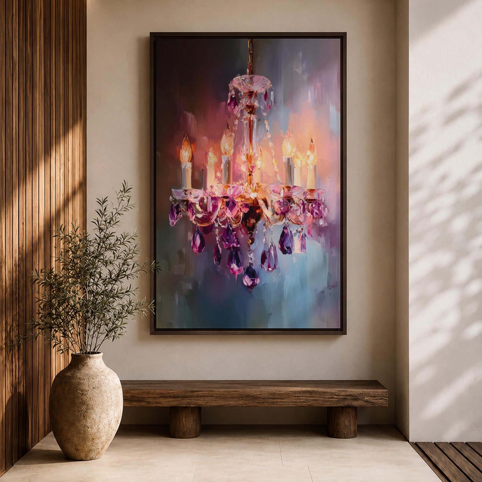 A vibrant impasto painting of a crystal chandelier with glowing candle-style bulbs, rendered in thick textured brushstrokes that emphasize the sparkling purple crystals and warm light against a blurred, abstract background.