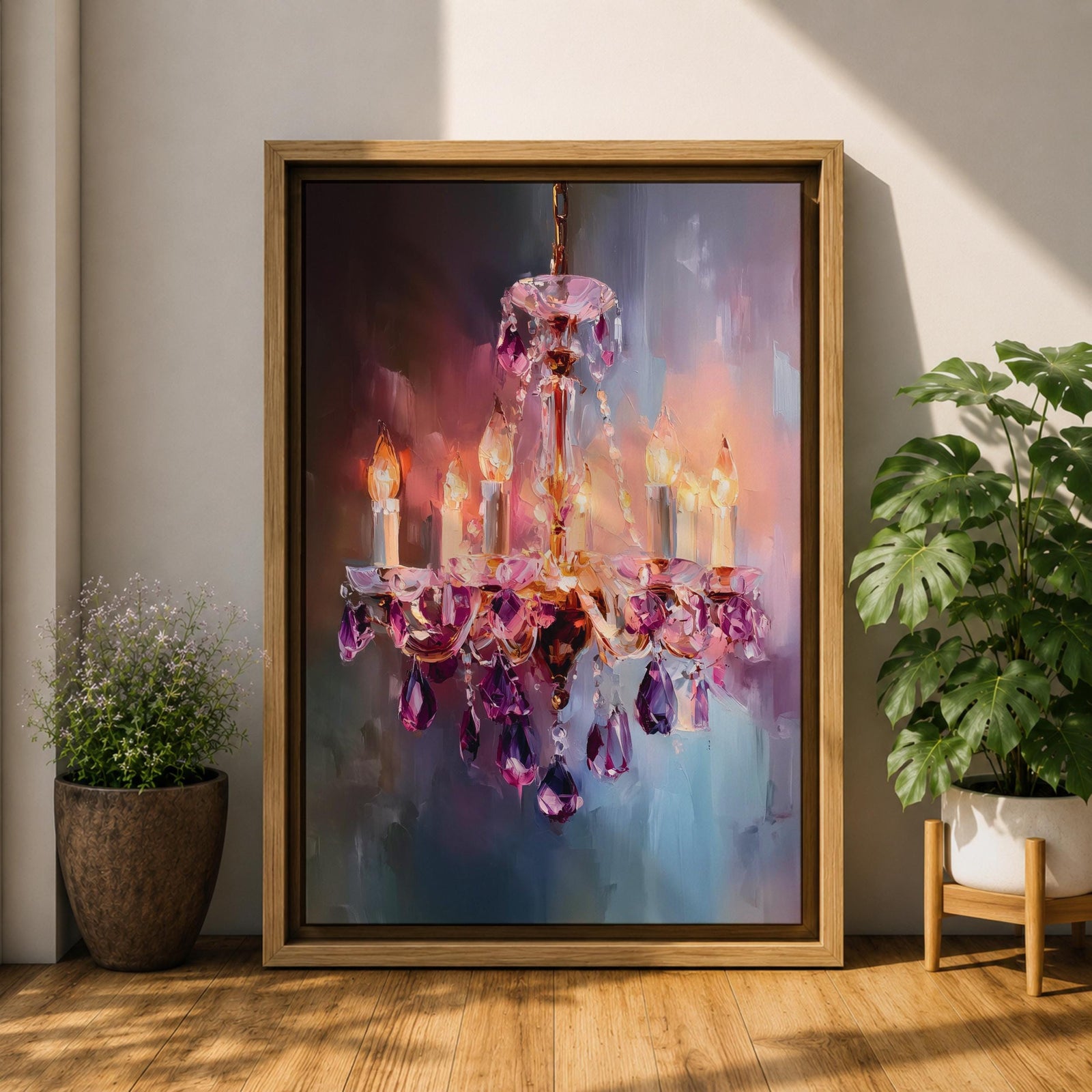 A vibrant impasto painting of a crystal chandelier with glowing candle-style bulbs, rendered in thick textured brushstrokes that emphasize the sparkling purple crystals and warm light against a blurred, abstract background.