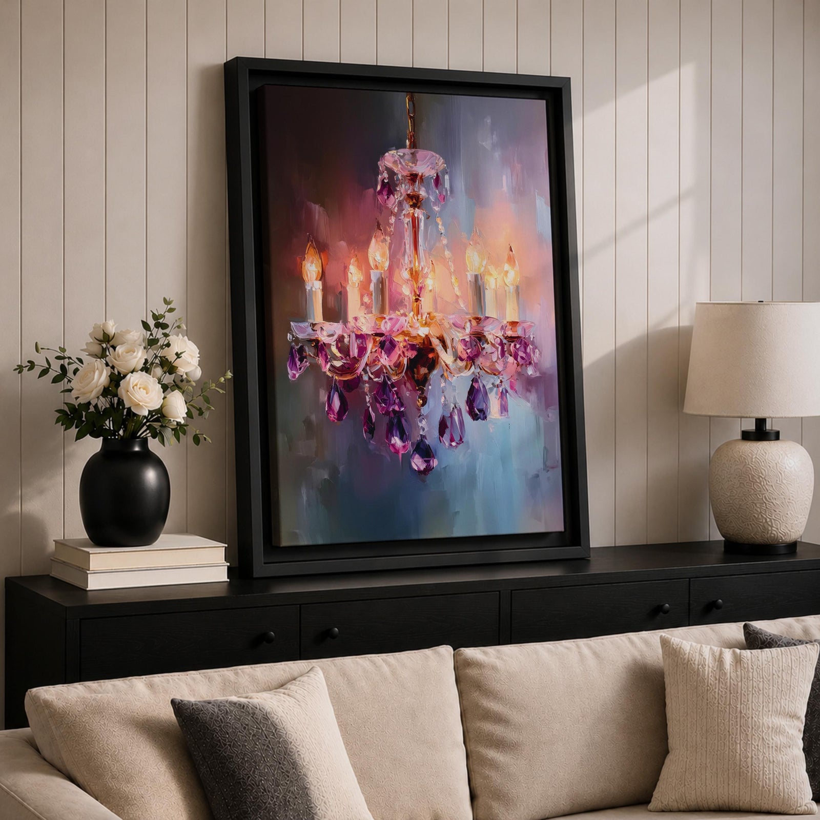 A vibrant impasto painting of a crystal chandelier with glowing candle-style bulbs, rendered in thick textured brushstrokes that emphasize the sparkling purple crystals and warm light against a blurred, abstract background.