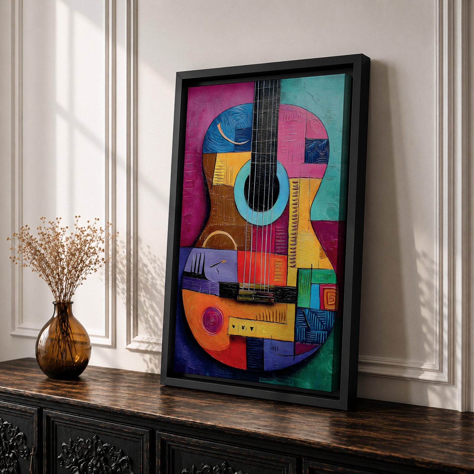 A bold abstract painting of an acoustic guitar rendered in a cubist geometric style, featuring fragmented shapes and layered forms in vibrant color blocks, with the guitar body and strings reimagined through textured patterns, sharp divisions, and dynamic composition that emphasizes rhythm, structure, and modern artistic interpretation.