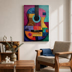 A bold abstract painting of an acoustic guitar rendered in a cubist geometric style, featuring fragmented shapes and layered forms in vibrant color blocks, with the guitar body and strings reimagined through textured patterns, sharp divisions, and dynamic composition that emphasizes rhythm, structure, and modern artistic interpretation.