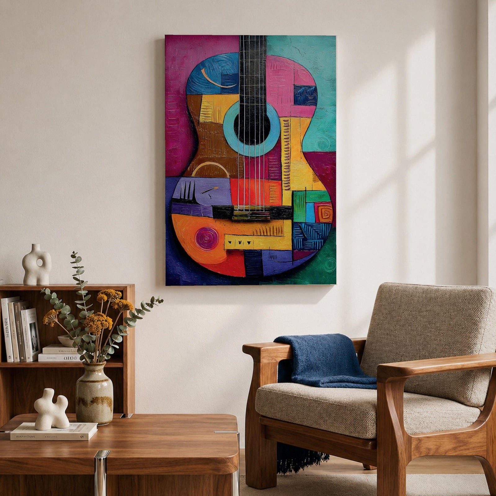 A bold abstract painting of an acoustic guitar rendered in a cubist geometric style, featuring fragmented shapes and layered forms in vibrant color blocks, with the guitar body and strings reimagined through textured patterns, sharp divisions, and dynamic composition that emphasizes rhythm, structure, and modern artistic interpretation.