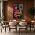 A bold abstract painting of an acoustic guitar rendered in a cubist geometric style, featuring fragmented shapes and layered forms in vibrant color blocks, with the guitar body and strings reimagined through textured patterns, sharp divisions, and dynamic composition that emphasizes rhythm, structure, and modern artistic interpretation.