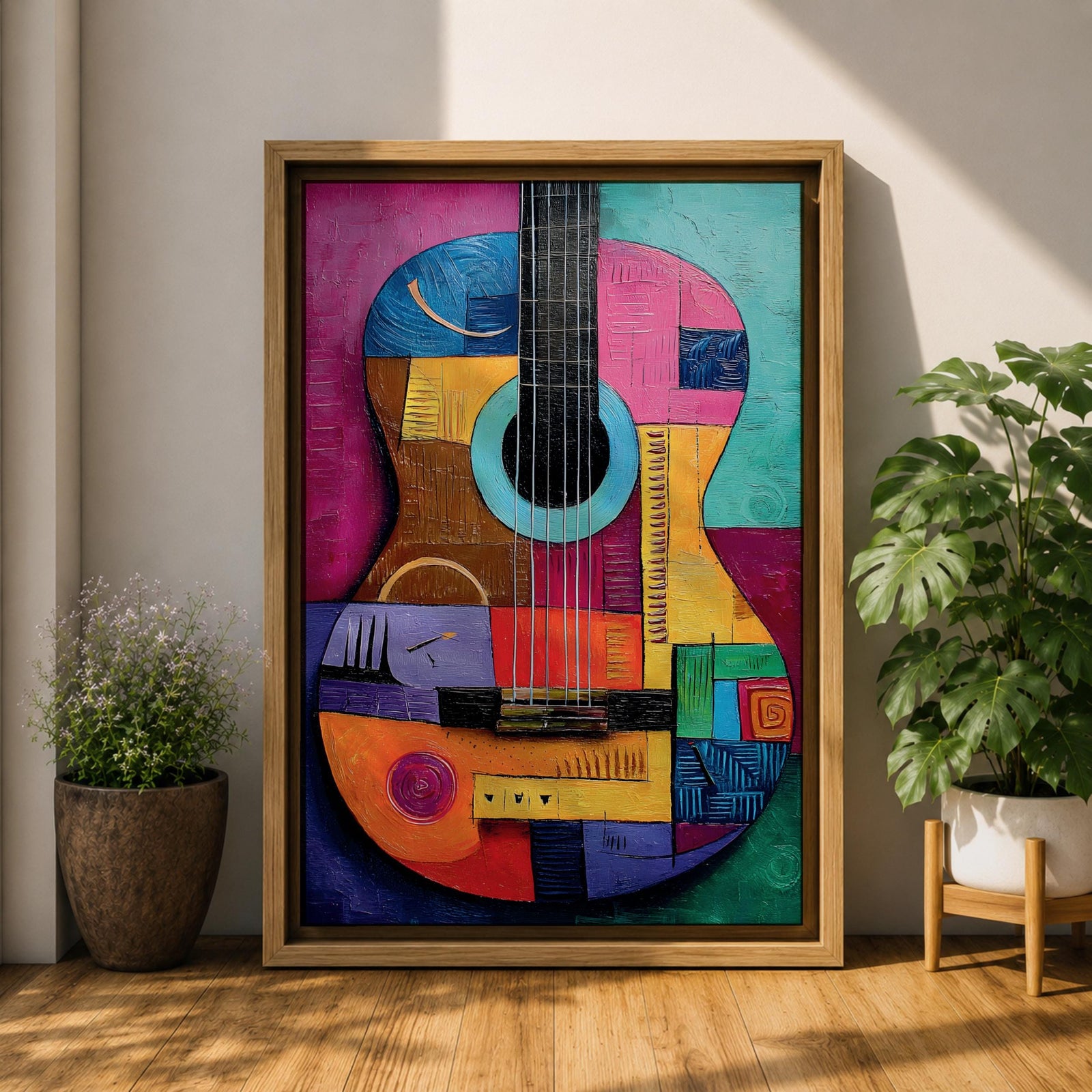 A bold abstract painting of an acoustic guitar rendered in a cubist geometric style, featuring fragmented shapes and layered forms in vibrant color blocks, with the guitar body and strings reimagined through textured patterns, sharp divisions, and dynamic composition that emphasizes rhythm, structure, and modern artistic interpretation.