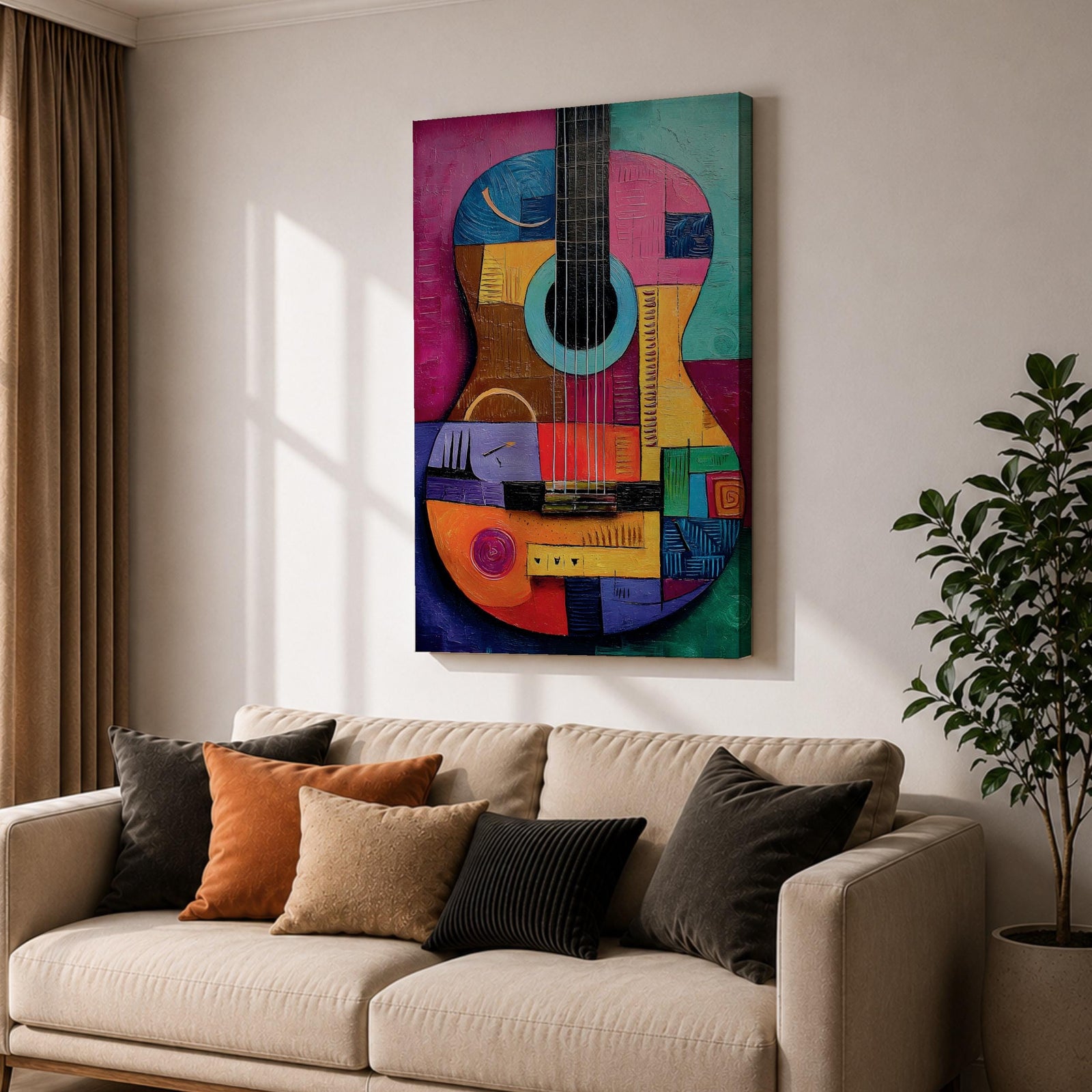 A bold abstract painting of an acoustic guitar rendered in a cubist geometric style, featuring fragmented shapes and layered forms in vibrant color blocks, with the guitar body and strings reimagined through textured patterns, sharp divisions, and dynamic composition that emphasizes rhythm, structure, and modern artistic interpretation.
