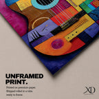 A bold abstract painting of an acoustic guitar rendered in a cubist geometric style, featuring fragmented shapes and layered forms in vibrant color blocks, with the guitar body and strings reimagined through textured patterns, sharp divisions, and dynamic composition that emphasizes rhythm, structure, and modern artistic interpretation.