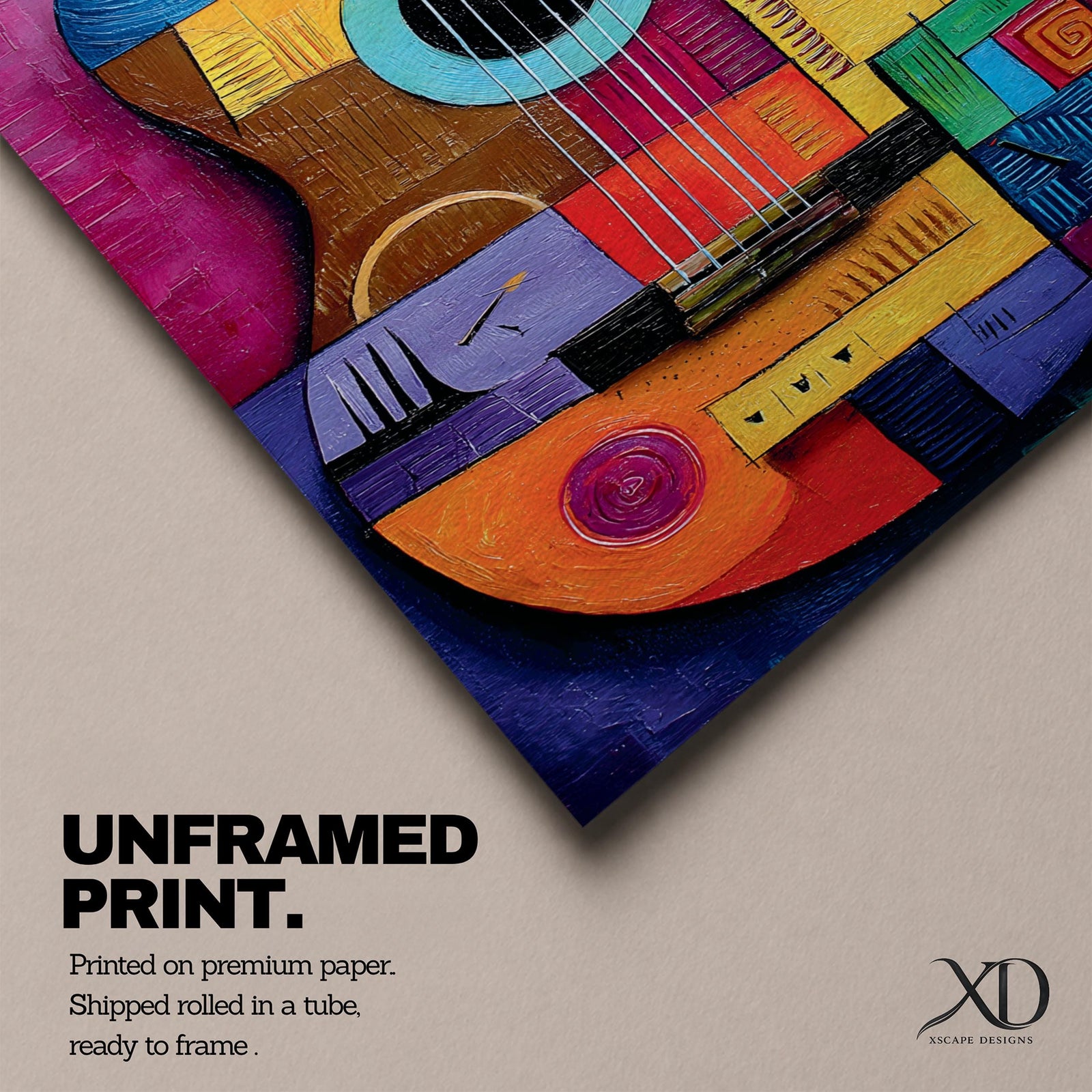 A bold abstract painting of an acoustic guitar rendered in a cubist geometric style, featuring fragmented shapes and layered forms in vibrant color blocks, with the guitar body and strings reimagined through textured patterns, sharp divisions, and dynamic composition that emphasizes rhythm, structure, and modern artistic interpretation.