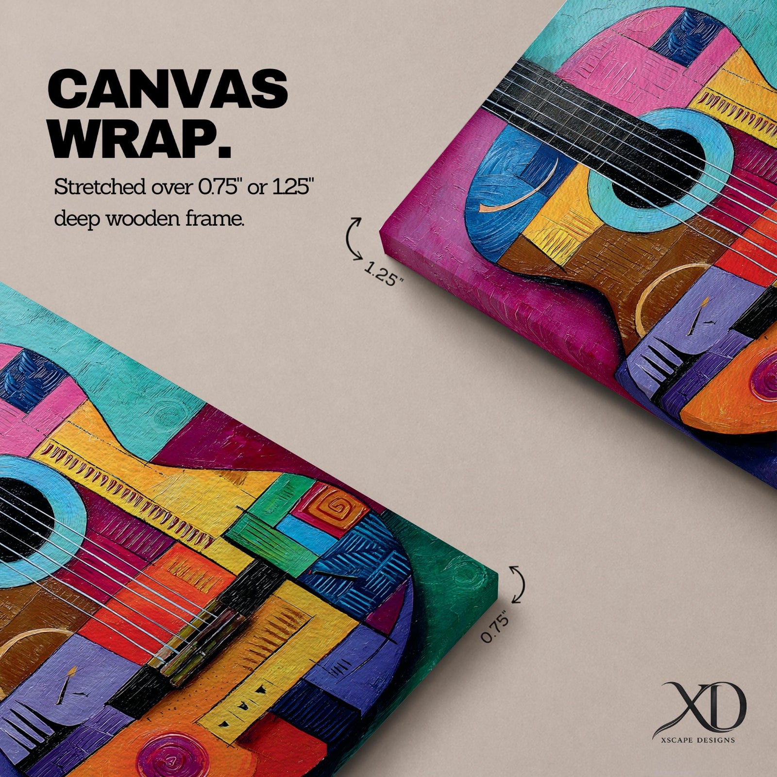 A bold abstract painting of an acoustic guitar rendered in a cubist geometric style, featuring fragmented shapes and layered forms in vibrant color blocks, with the guitar body and strings reimagined through textured patterns, sharp divisions, and dynamic composition that emphasizes rhythm, structure, and modern artistic interpretation.