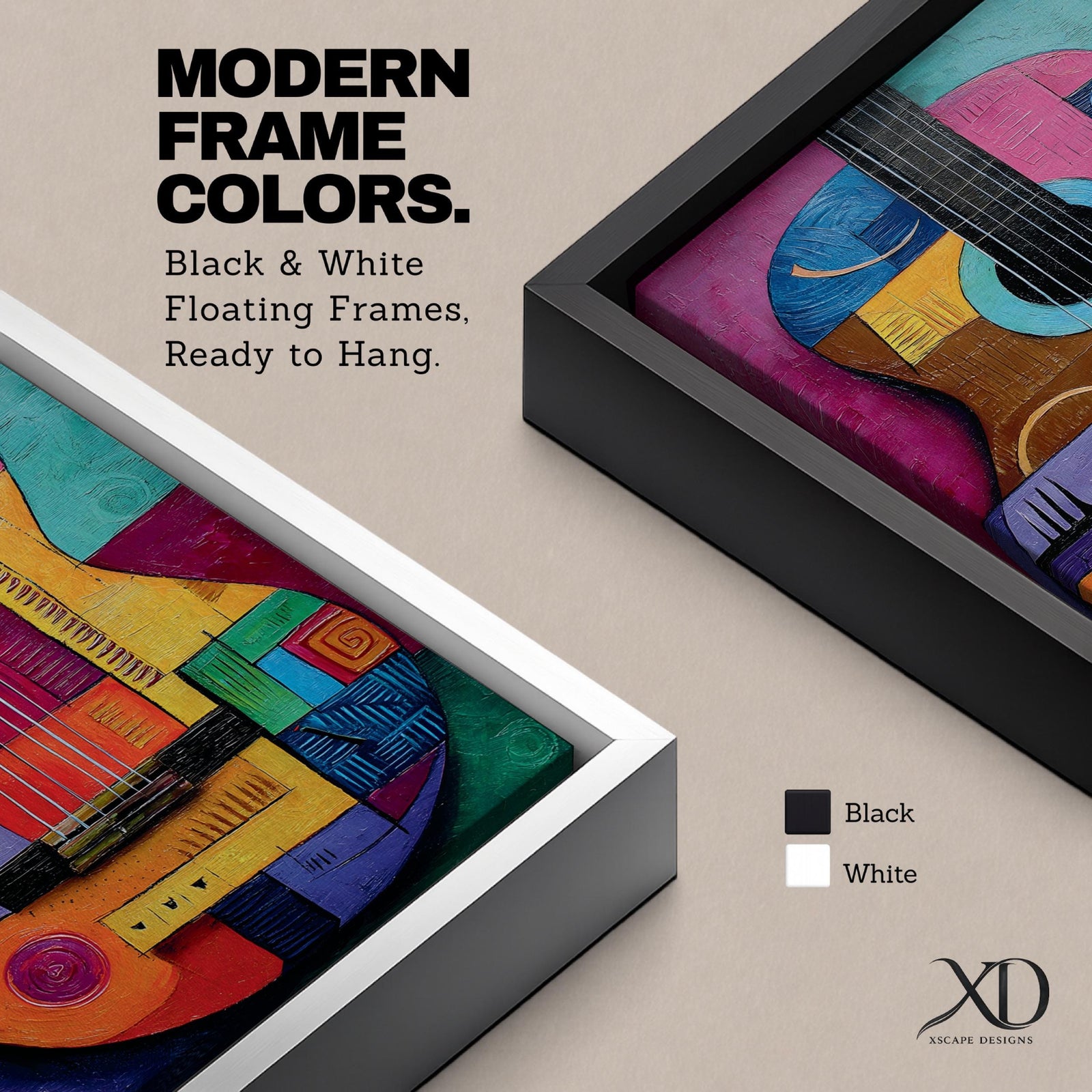 A bold abstract painting of an acoustic guitar rendered in a cubist geometric style, featuring fragmented shapes and layered forms in vibrant color blocks, with the guitar body and strings reimagined through textured patterns, sharp divisions, and dynamic composition that emphasizes rhythm, structure, and modern artistic interpretation.