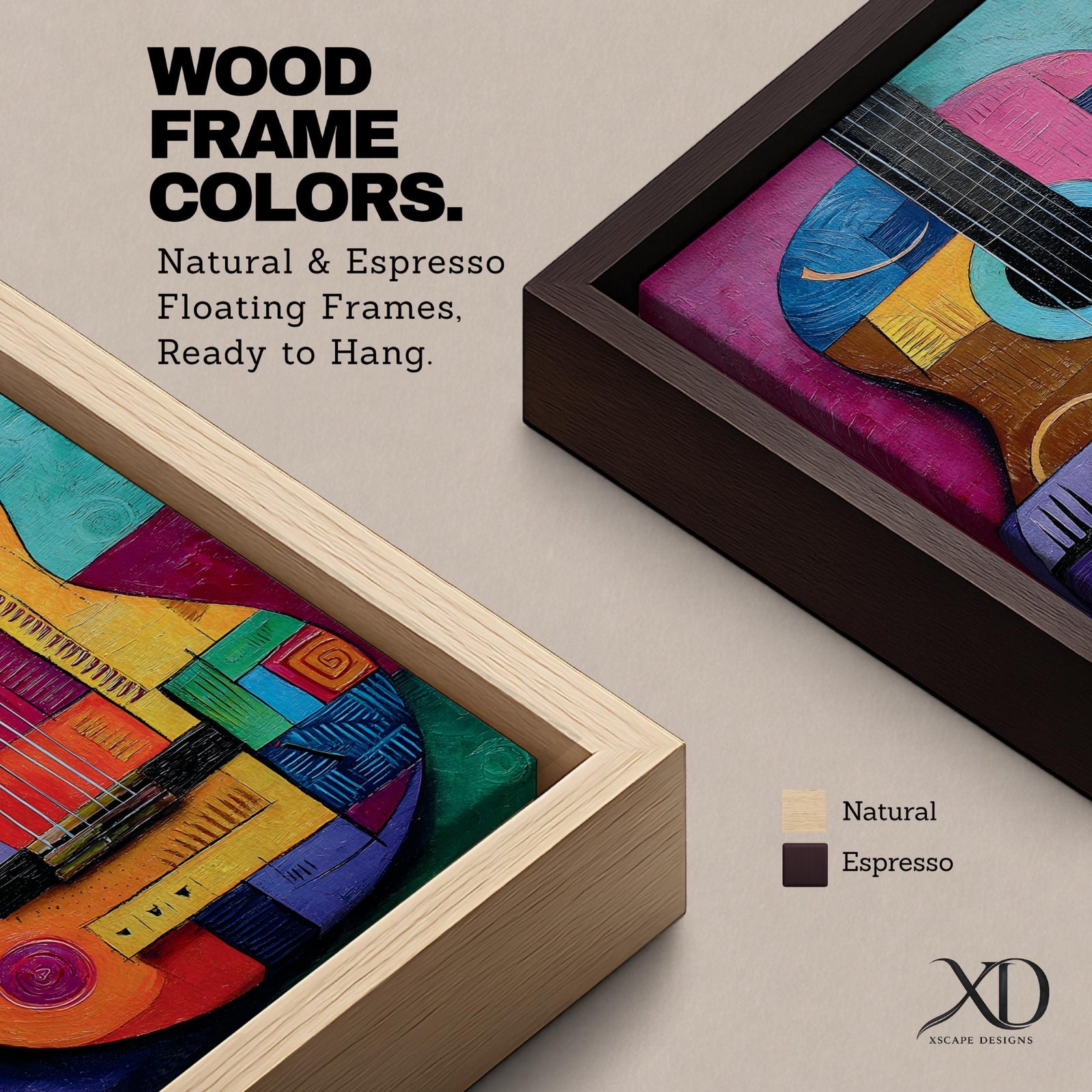 A bold abstract painting of an acoustic guitar rendered in a cubist geometric style, featuring fragmented shapes and layered forms in vibrant color blocks, with the guitar body and strings reimagined through textured patterns, sharp divisions, and dynamic composition that emphasizes rhythm, structure, and modern artistic interpretation.
