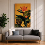 A vibrant botanical painting of a Bird of Paradise flower with large tropical leaves in rich green and orange hues on a warm yellow background, capturing the exotic nature of the Strelitzia plant in a modern floral style.